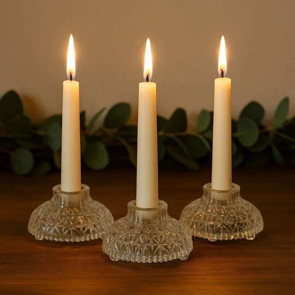 Set of 3 Vintage Pressed Glass Taper Candle Holders – Diamond Cut Heavy Base